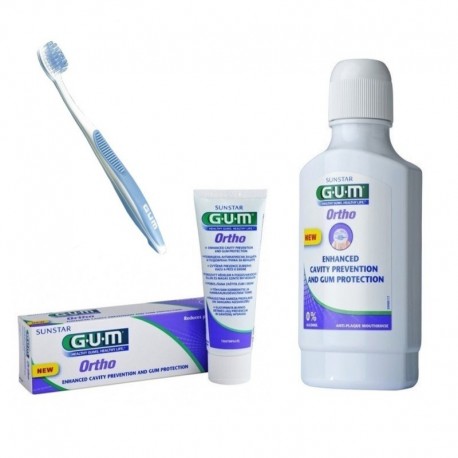 Pachet promotional GUM Ortho pasta de dinti + apa de gura + periuta de dinti